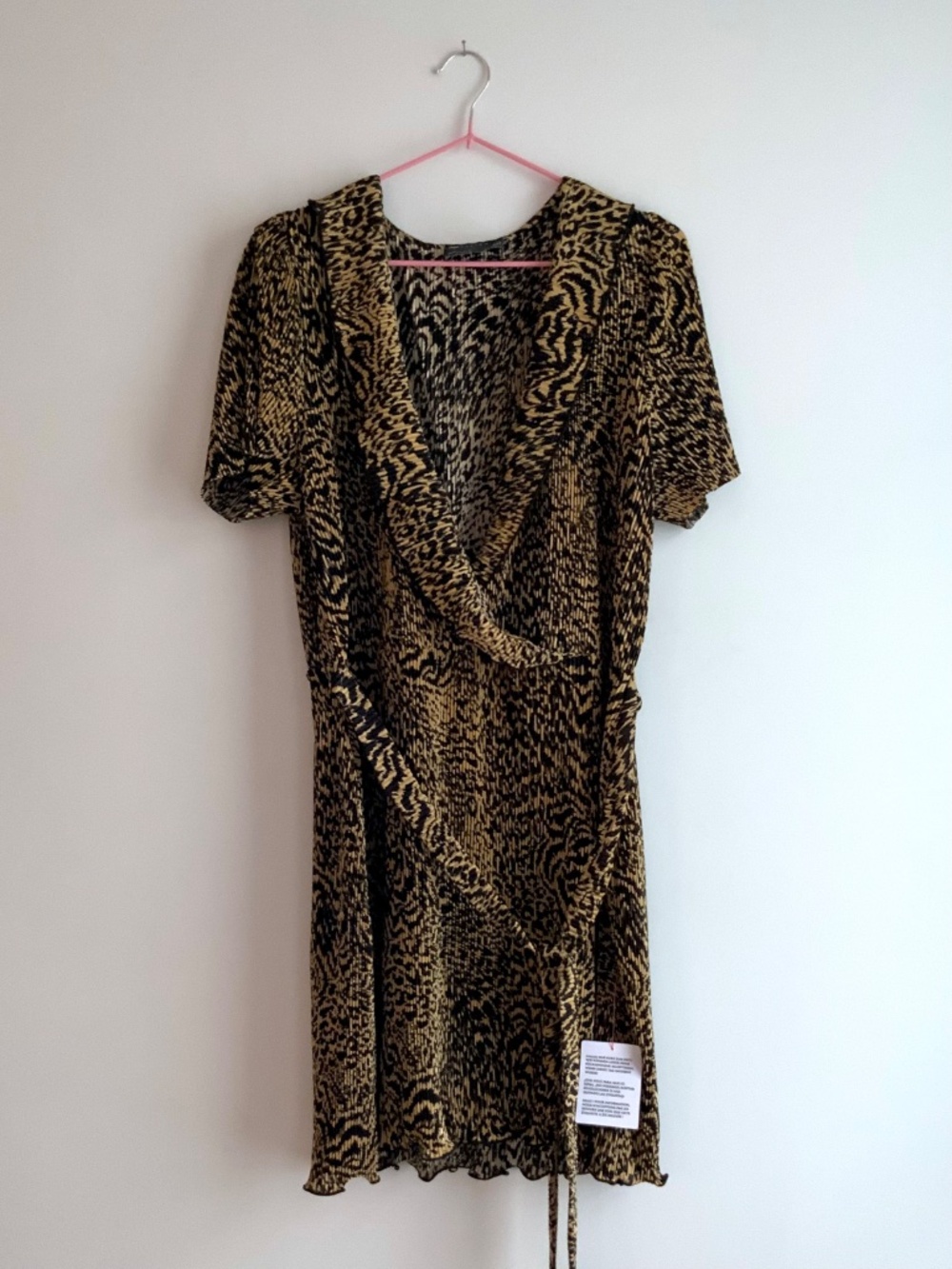 ASOS leopard plissé faux wrap surplice dress with lettuce hem - Size 14